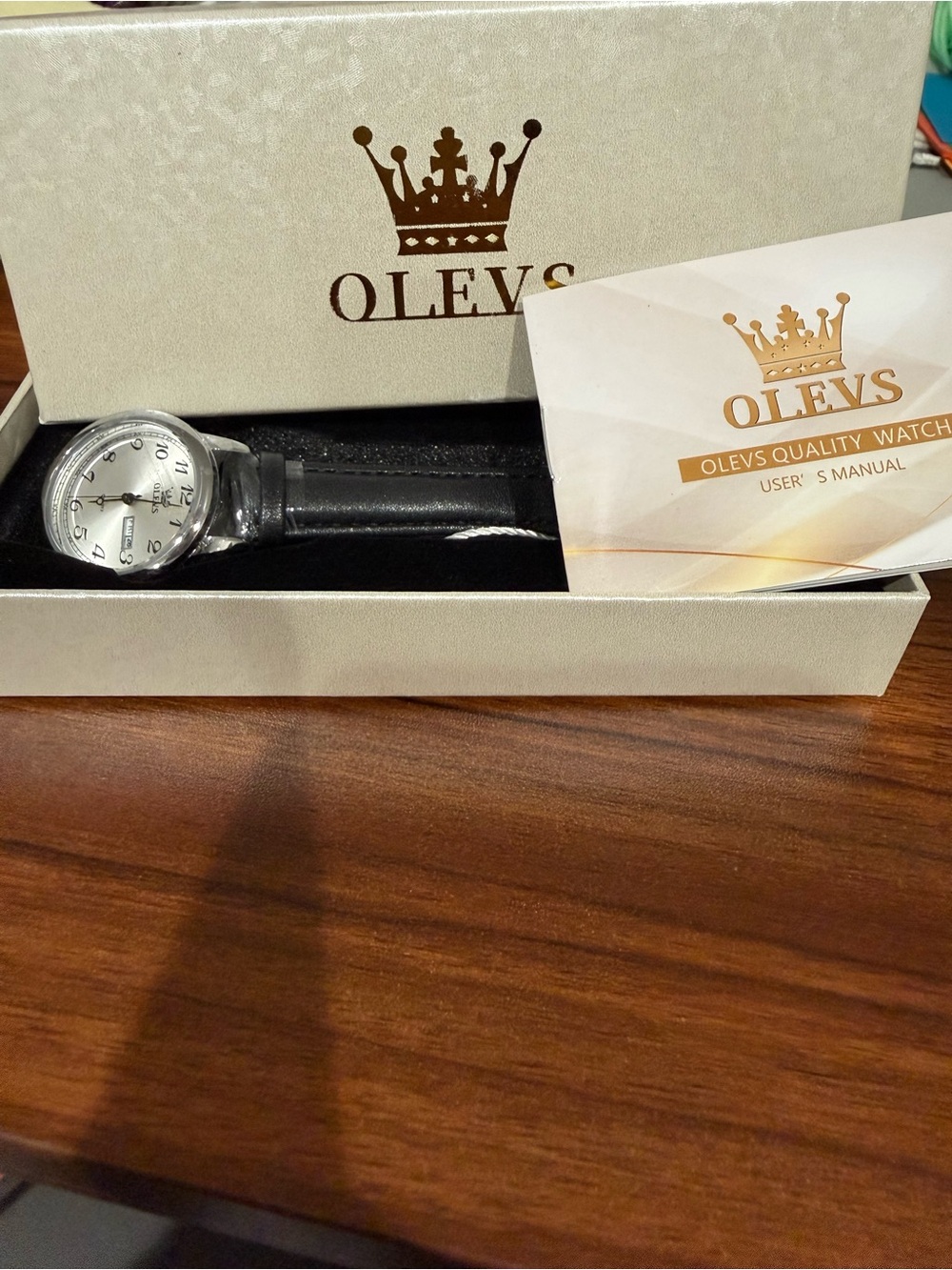 Women’s OLEVS Black Leather Strap Watch - Silver Dial